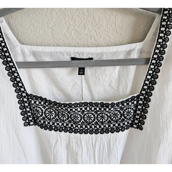 Talbots Woman NWT Size 14 White Gauzy Dress Black Embroidered Neckline Beachy - Picture 2 of 9
